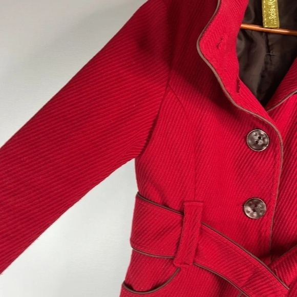 SOIA & KYO Deep Red Ribbed Wool Blend Belted Jacket Coat High Neck Pockets M - Picture 6 of 11